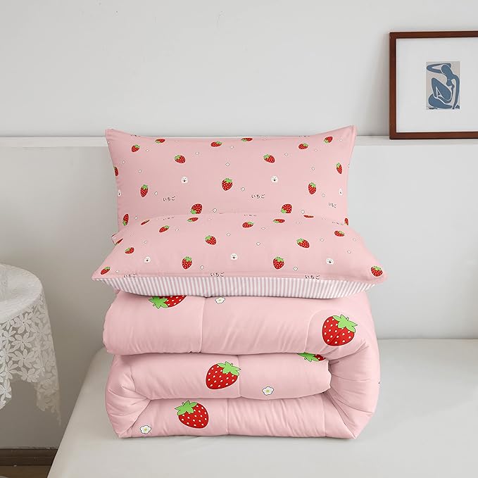 Girls Strawberry Comforter Set Twin Kawaii Strawberry Comforter For Kids Japanese Style Pink Cute Cartoon Fruit Food Theme Bedding Set Girly White Floral Down Comforter Reversible Soft Lightweight