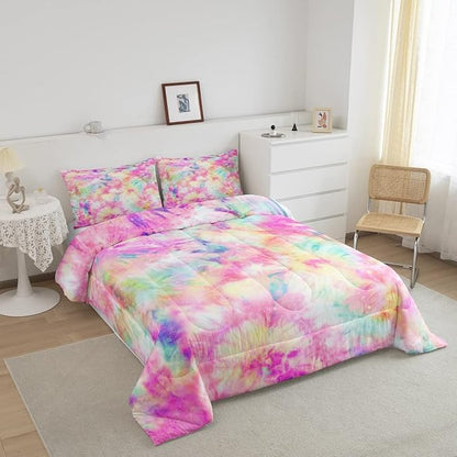 Erosebridal Kids Tie Dye Comforter Set, Bohemian Batik Down Comforter Twin Size, Boho Psychedelic Bedding Comforters for Children Girls Boys Teens Bedroom, Trippy Tattoo Watercolor Quilted Duvet