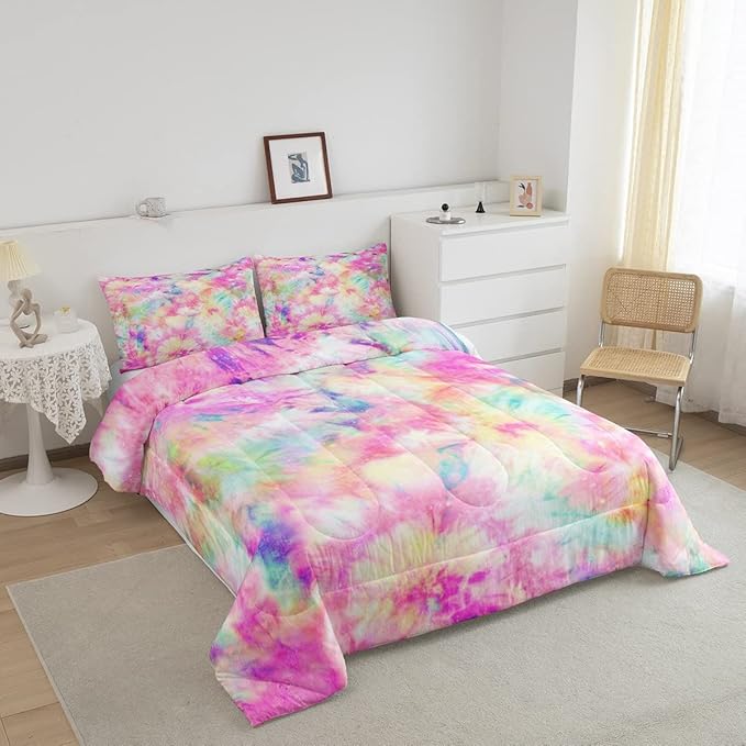 Erosebridal Kids Tie Dye Comforter Set, Bohemian Batik Down Comforter King Size, Boho Psychedelic Bedding Comforters for Children Girls Boys Teens Bedroom, Trippy Tattoo Watercolor Quilted Duvet