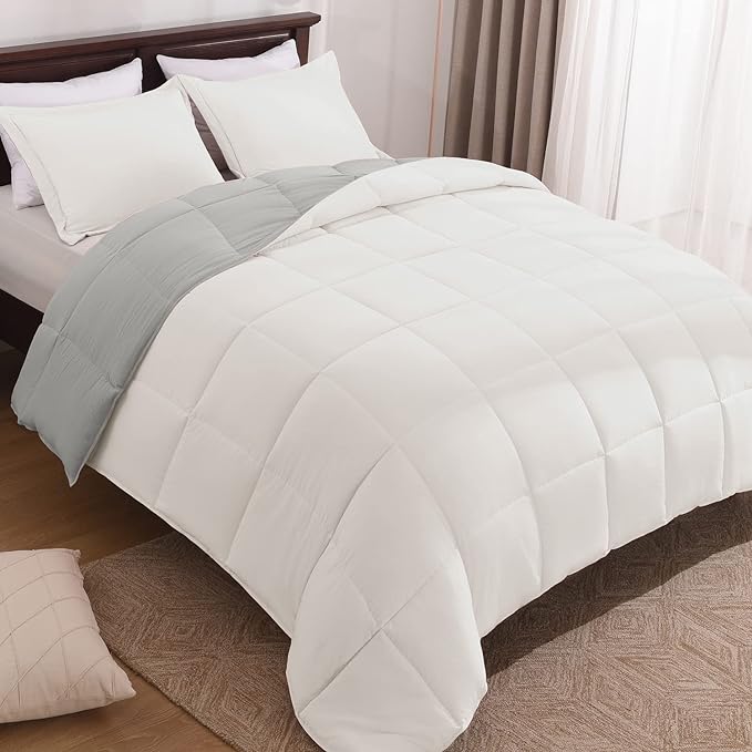 Basic Beyond Queen Comforter Set - Fluffy Comforter Queen Set for All Seasons - Reversible White Queen Comforter Set for Mens - 3 Pieces (1 Comforter + 2 Pillow Shams) - White/Grey