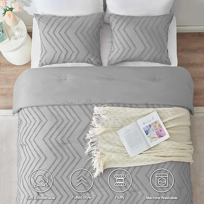 CozyLux Queen Comforter Set Light Grey - 3 Pieces Boho Tufted Shabby Chic Bedding Comforter Set for All Seasons, Chevron Bedding Sets with Comforter & 2 Pillow Shams
