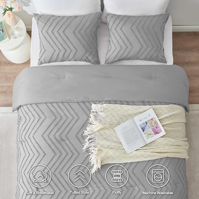 CozyLux King Size Comforter Set Light Grey - 3 Pieces Boho Tufted Shabby Chic Bedding Comforter Set for All Seasons, Chevron Bedding Sets with Comforter & 2 Pillow Shams