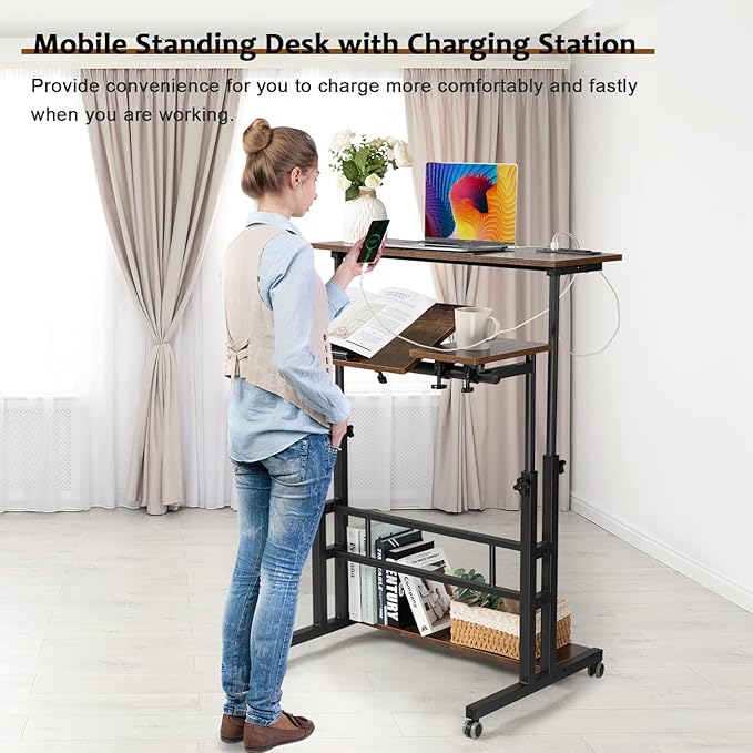 Hadulcet Mobile Standing Desk with Charging Station, Stand Up Laptop Desk Mobile Workstation for Home Office Classroom with Wheels, 31.49 x 23.6 in Rustic Brown