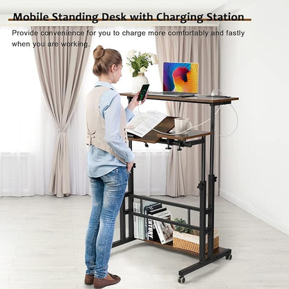 Hadulcet Mobile Standing Desk with Charging Station, Stand Up Laptop Desk Mobile Workstation for Home Office Classroom with Wheels, 31.49 x 23.6 in Rustic Brown