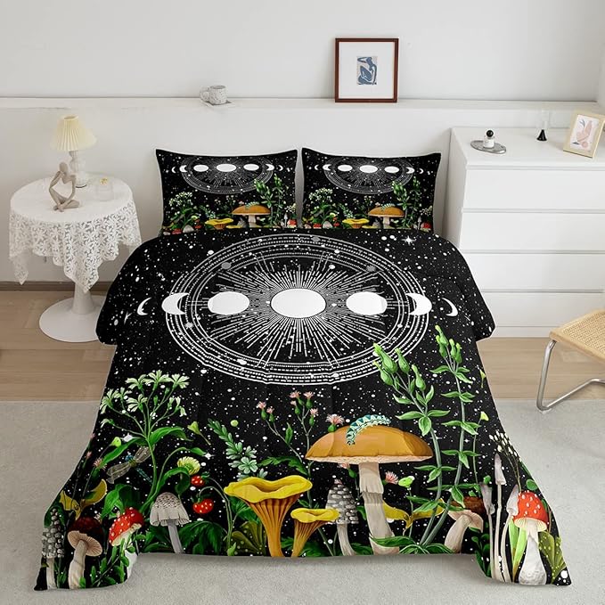 Cute Mushroom Comforter Set Sun Moon All Season Down Comforter for Kids Boys Girls Teens Trippy Decor Boho Galaxy Constellations Bedding Set Starry Sky Wild Flowers Quilt Room Decor King Size Boys