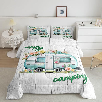 Erosebridal Girls Camping Bedding Camper Car Floral Comforter Set Queen