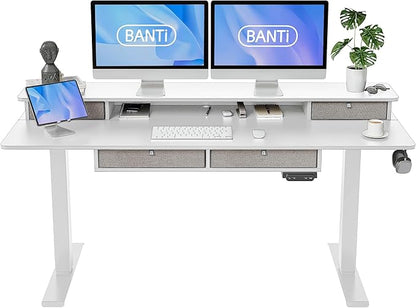 BANTI Height Adjustable Electric Standing Desk with 4 Drawers, 63 x 24 Inch Table with Storage Shelf, Sit Stand Desk, White Top