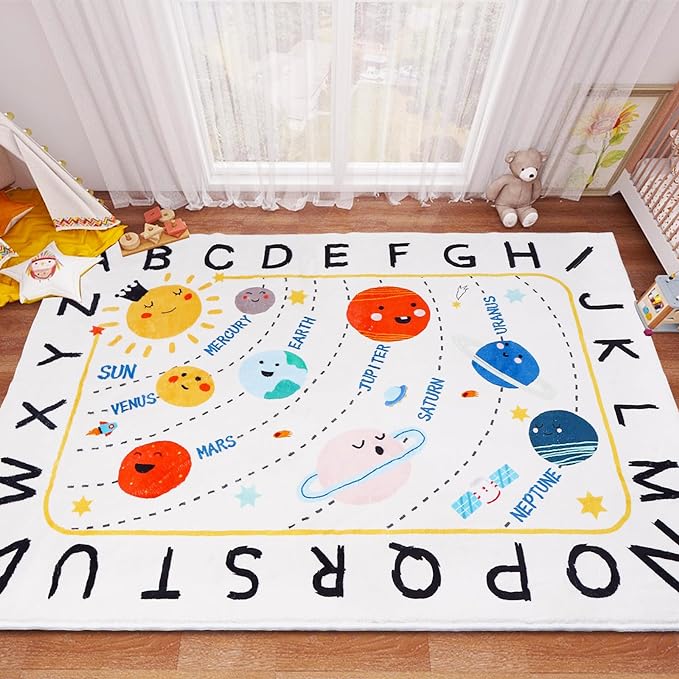 Soft ABC Kids Rug,59x39 in Washable Large Classroom Rug,Non-Slip Educational Nursery Rug,Solar System Kids Room Rug for Classroom Playroom Bedroom Kids Room Decor