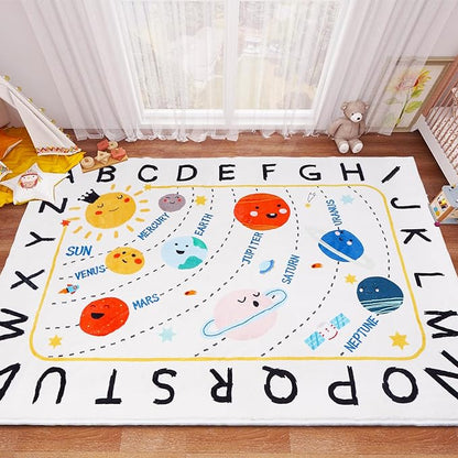 Soft ABC Kids Rug,59x39 in Washable Large Classroom Rug,Non-Slip Educational Nursery Rug,Solar System Kids Room Rug for Classroom Playroom Bedroom Kids Room Decor