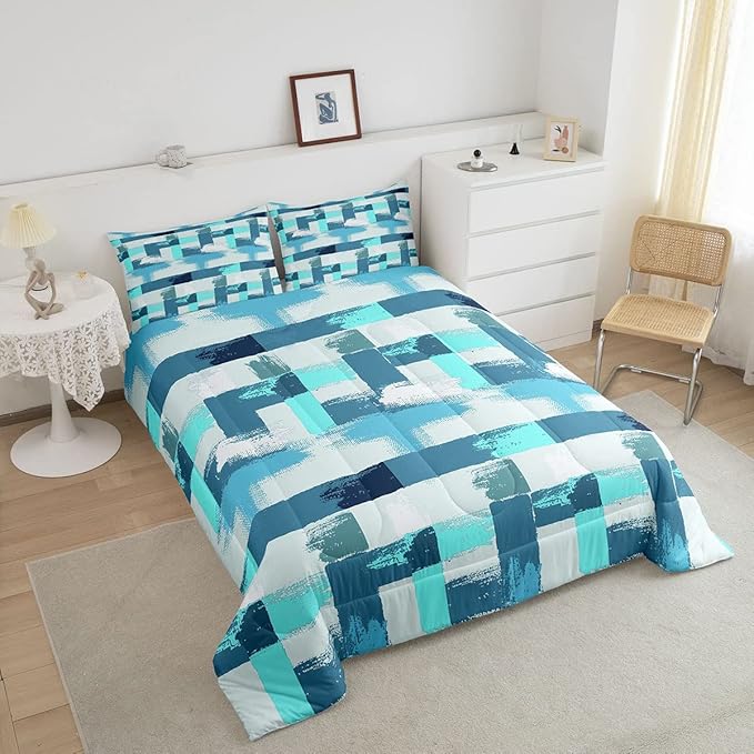 Teal Blue Stripes Comforter Set for Girls Boys Kids Turquoise Stripe Line Bedding Set Geometric Down Comforter Room Decor Abstract Art Gradient Ombre Quilt Queen Size Duvet Set 3Pcs Boys
