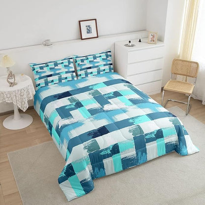 Teal Blue Stripes Comforter Set for Girls Boys Kids Turquoise Stripe Line Bedding Set Geometric Down Comforter Room Decor Abstract Art Gradient Ombre Quilt Queen Size Duvet Set 3Pcs Boys