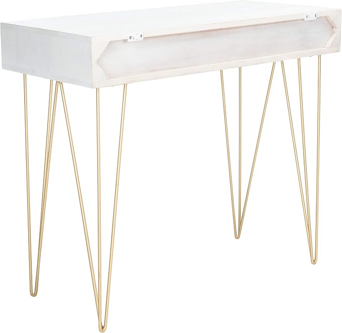 Safavieh Home Office Collection Marigold White Wash and Brass 1-Drawer Hairpin Leg Desk, 0