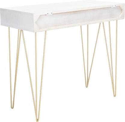 Safavieh Home Office Collection Marigold White Wash and Brass 1-Drawer Hairpin Leg Desk, 0
