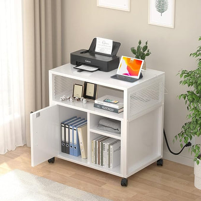 Unikito Rolling File Cabinet Lateral Office Filing Cabinets with Socket and USB Charging Port, Modern Printer Stand on Wheels, Printer Cabinet with Door and Open Storage, Lockable, White