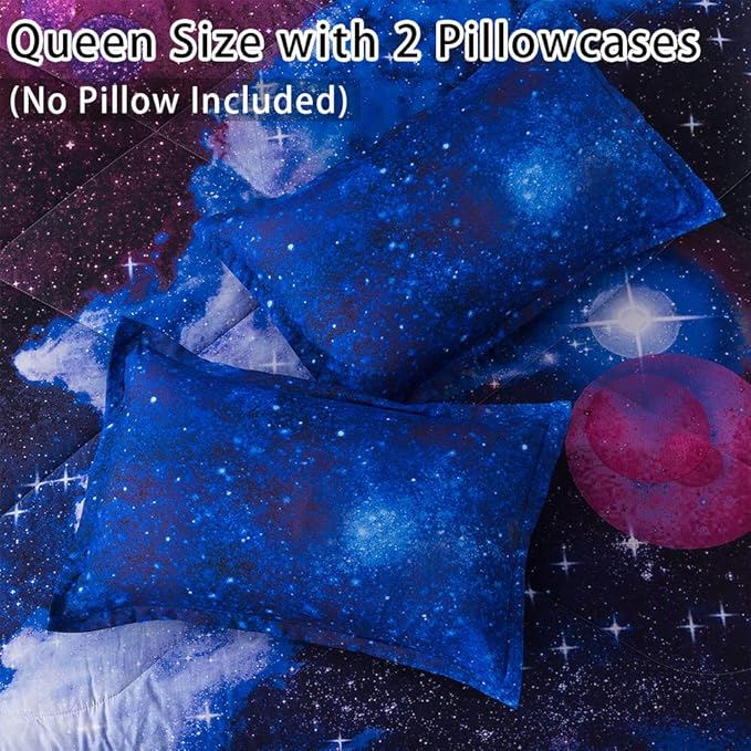 Litanika 3D Galaxy Comforter Queen(90x90lnch), 3 Pieces(1 Galaxy Comforter, 2 Pillowcases), Universe Cloud Outer Space Comforter, Microfiber Bedding Set for Boys Kids