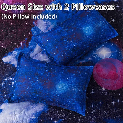 Litanika 3D Galaxy Comforter Queen(90x90lnch), 3 Pieces(1 Galaxy Comforter, 2 Pillowcases), Universe Cloud Outer Space Comforter, Microfiber Bedding Set for Boys Kids