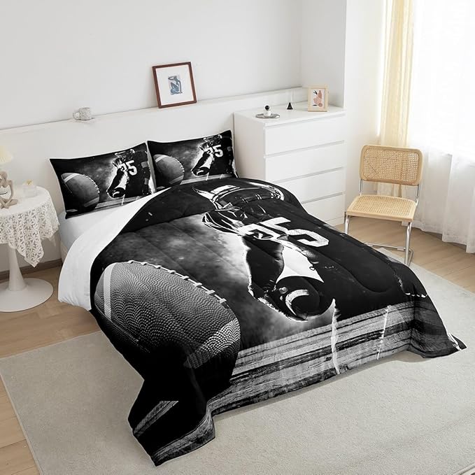 Erosebridal Football Down Comforter for Kids Boys Girls Teens Sports Theme Comforter Set Soccer Pattern Duvet Insert Football Match Bedding Set Youth Bedroom Decor Quilted with 2 Pillowcase,Queen