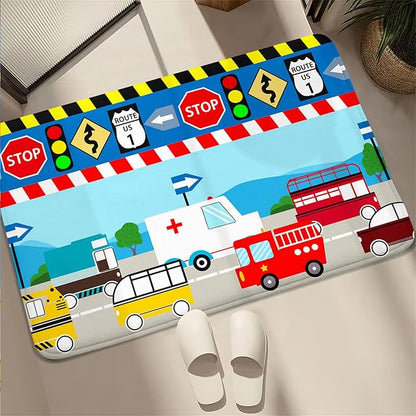 Cartoon Ambulance Car Area Rug Car Carpet for Kids Play Rug for Cars and Trucks Car Rug Play Mat Car Track Rug Truck Rugs for Boys Room Rugs for Boys Bedroom,Light Blue 2'×3'