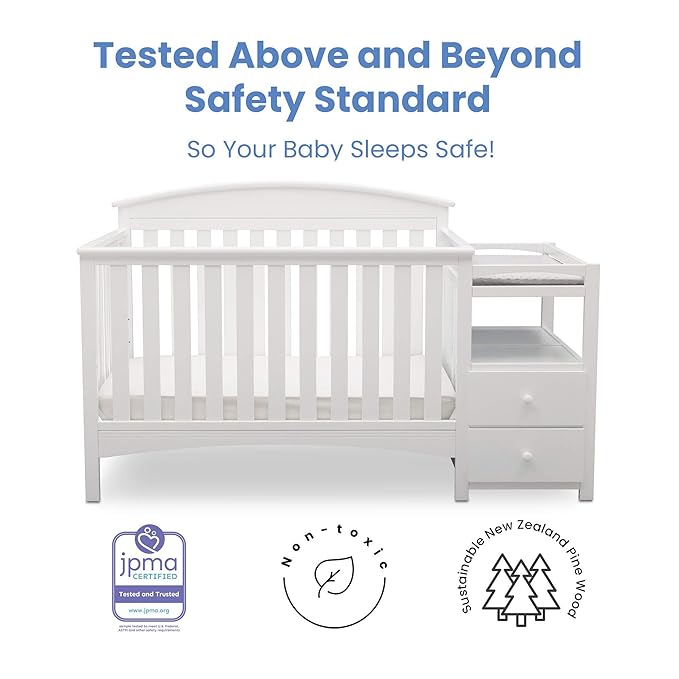Delta Children Abby Convertible Crib 'N' Changer, Bianca + Serta Perfect Slumber Dual Sided Recycled Fiber Core Crib and Toddler Mattress (Bundle)