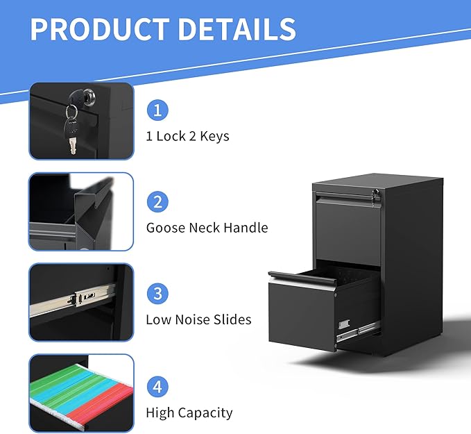 Vertical File Cabinet with Drawers, 2 Drawer File Cabinet for Home Office, Locking File Cabinet Hanging Files for A4/ Legal/Letter, Black