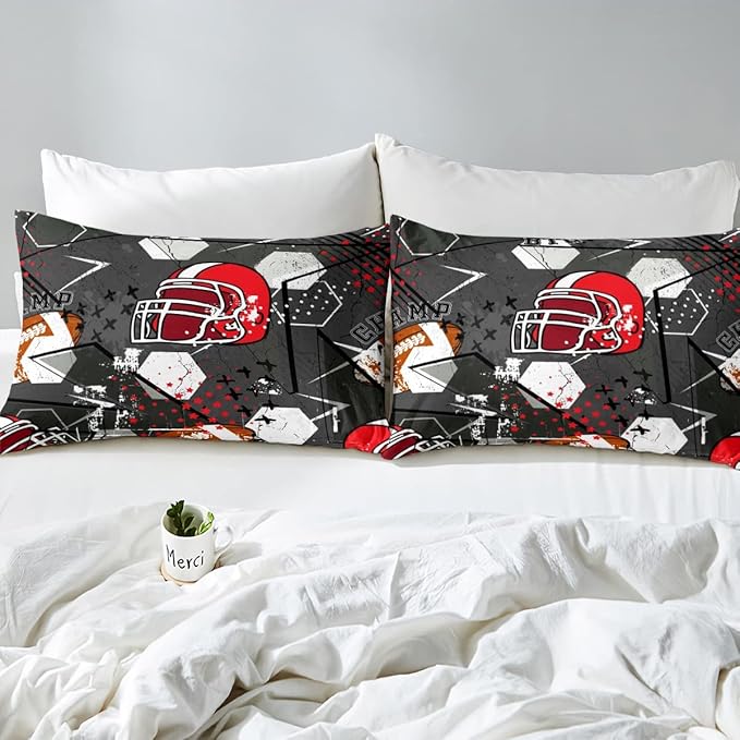 Erosebridal Football Comforter Set Full,Red American Football Helmet Bedding Set for Kids Boys Teens Men Bed,Grunge Geometric Hexagon Comforter Retro Grey Soft Quilt Duvet Sets with 2 Pillow Cases