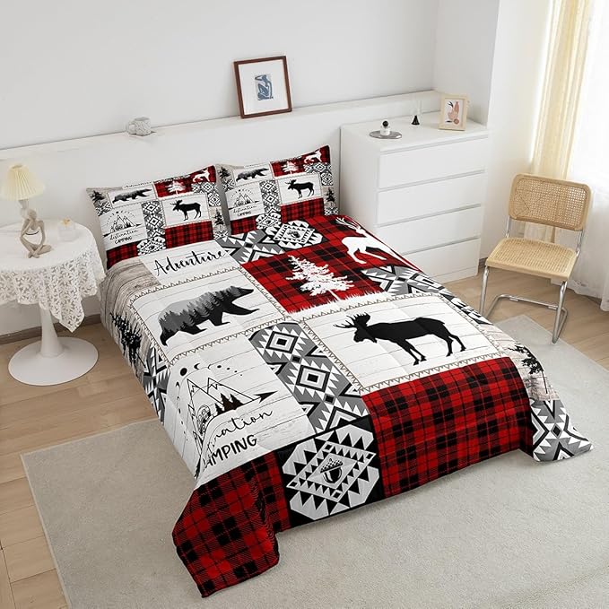 Deer Antlers Bear Kids Comforter Set Full Size,Plaids Aztec Arrows Patchwork Bedding Set for Boys Girls Adults Room Decor,Rustic Adventure Xmas Down Comforter,Red Retro Duvet Insert,2 Pillowcases