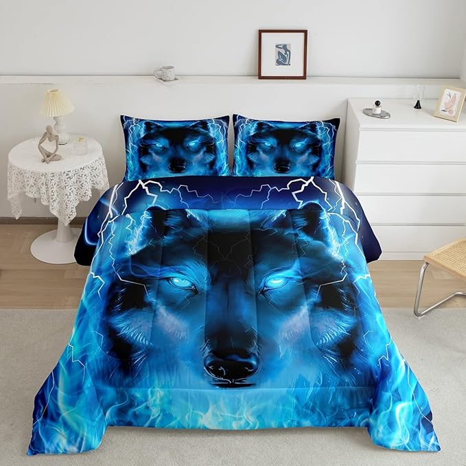 Feelyou Wolf Bedding Set Safari Animal Pattern Comforter Cool Wildlife Style Comforter Set for Boys Girls Kids Room Decor Glitter Blue Wild Wolf Lightweight Duvet Set King Size with 2 Pillow Case