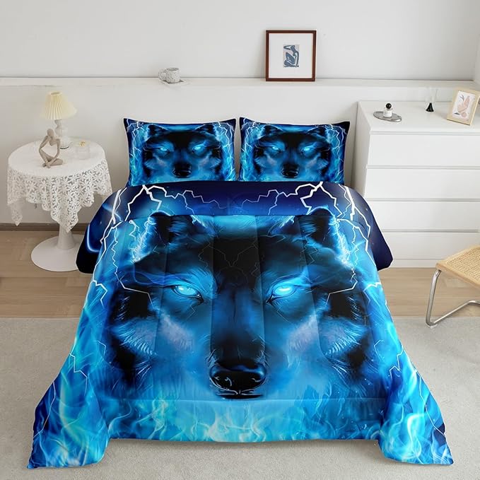 Feelyou Wolf Bedding Set Safari Animal Pattern Comforter Cool Wildlife Style Comforter Set for Boys Girls Kids Room Decor Glitter Blue Wild Wolf Lightweight Duvet Set Twin Size with 1 Pillow Case