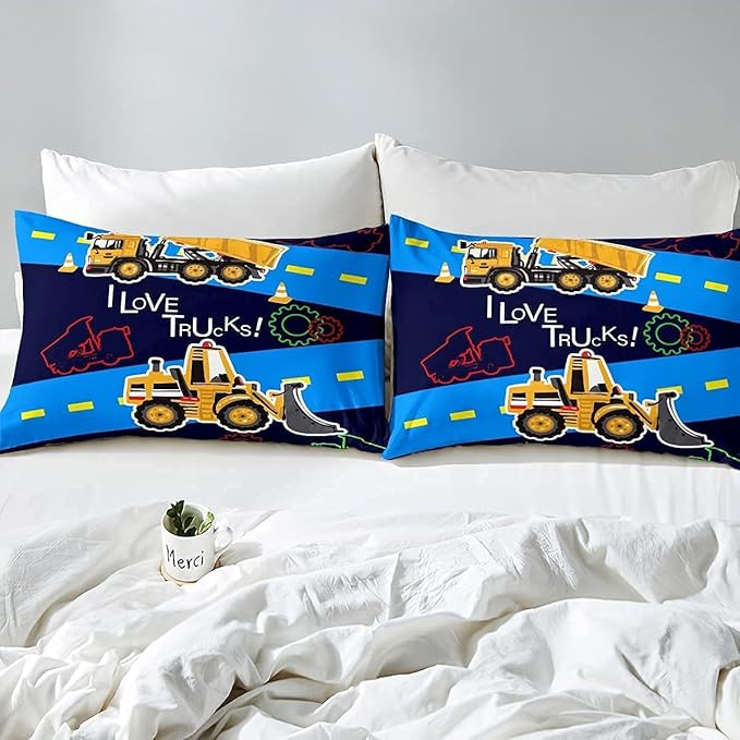 Truck Comforter Set Boys King Bedding Sets Kids Excavator Equipment Truck Down Comforter Construction Vehicle Quilt Duvet Set Cartoon Machinery Truck Gear Duvet Set Bulldozer Tractor Cars,Colorful