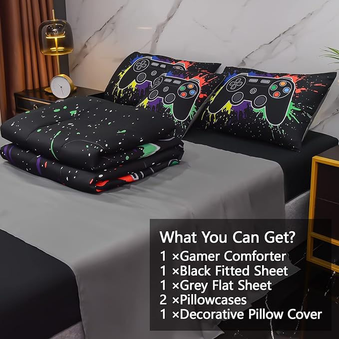 6Pcs Gamer Comforter Set with Sheets for Boys Girls Kids Teens, Colorful Graffiti Gaming Themed Bed in A Bag Full Size, Black 3D Video Game Controller Bedroom Decor Bedding Set