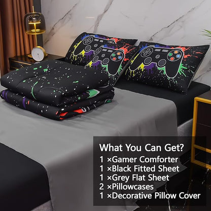 6Pcs Gamer Comforter Set with Sheets for Boys Girls Kids Teens, Colorful Graffiti Gaming Themed Bed in A Bag Full Size, Black 3D Video Game Controller Bedroom Decor Bedding Set