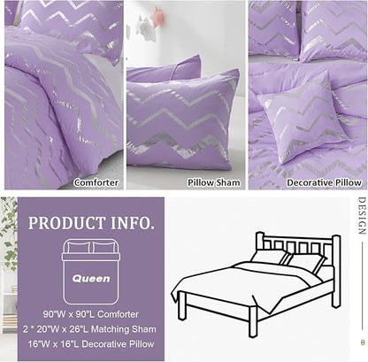 Purple/Silver Comforter Set Queen, Lavender Metallic Print Glitter Bedding Set Cute Shinny Lilac Bed Sets for Teen Girls Kids Women, 4 Piece (2 Pillowcases, 1 Decorative Pillow Sham)