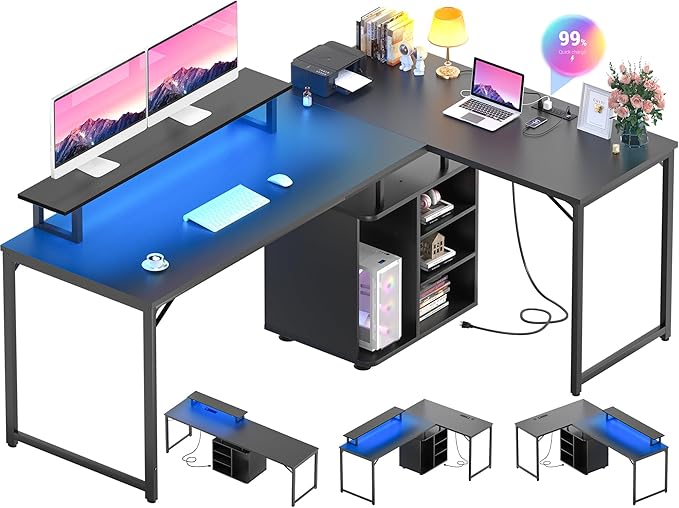 Cyclysio L Shaped Computer Desk, 58'' Reversible Gaming Desk with LED Strip & Adjustable Monitor Stand, Office Desk with Black Cabinet & Outlets, Corner Desk 2 Person Writing Study Table, Black