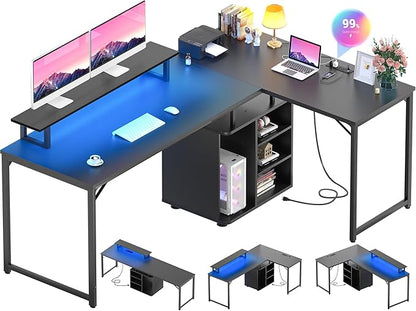 Cyclysio L Shaped Computer Desk, 58'' Reversible Gaming Desk with LED Strip & Adjustable Monitor Stand, Office Desk with Black Cabinet & Outlets, Corner Desk 2 Person Writing Study Table, Black
