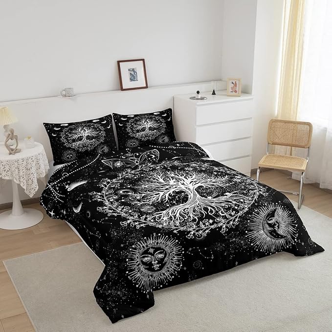 Feelyou Sun and Moon Comforter Bohemian Tree Butterfly Style Bedding Set Psychedelic Hippie Comforter Set for Boys Girls Children Teens Bedroom Decor Galaxy Astrology Duvet Set Twin Size