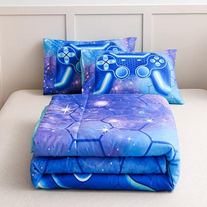 NTBED Game Console Comforter Set for Boys Girls Kids 3D Gaming Geometric Lightweight Microfiber Bedding Sets (Blue Purple, Queen)