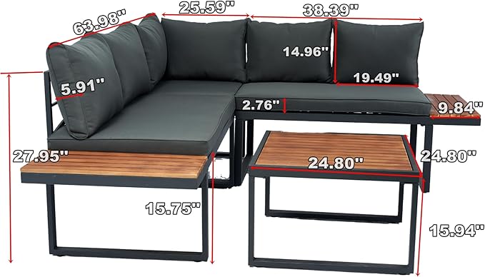 4 Piece Outdoor Patio Furniture Wicker L-Shaped Sectional Sofa Set with Built-in Side Table&Wood TeaTable, 5-Seater Seating Group Couch, for Garden Backyard, Dark Grey Cushion