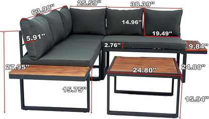 4 Piece Outdoor Patio Furniture Wicker L-Shaped Sectional Sofa Set with Built-in Side Table&Wood TeaTable, 5-Seater Seating Group Couch, for Garden Backyard, Dark Grey Cushion