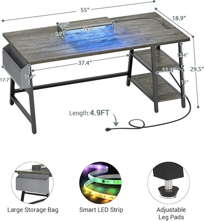 armocity Computer Desk with LED Lights, Reversible Desk with Power Outlet, 55'' Desk with Storage Shelves, Gaming Desk with Moveable Monitor Stand and Storage Bag for Home Office Workstation, Grey