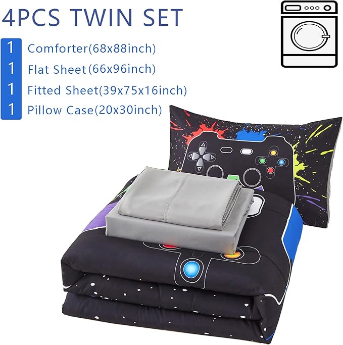 KAKKI 4 Piece Boys Twin Gamer Comforter Set with Sheets, 3D Colorful Video Game Controller Comforter for Kids Teen, All Season Soft Microfiber Gaming Bedding Set(Black,Twin)