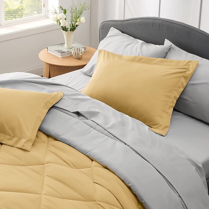 Bedsure Yellow Queen Comforter Set - 7 Pieces Reversible Queen Bed in a Bag Queen Bed Set with Comforters, Sheets, Pillowcases & Shams, Queen Bedding Sets