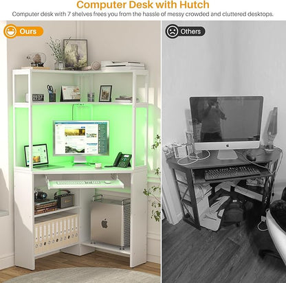 Cyclysio Small Corner Desk with Hutch, Heavy Duty Corner Computer Desk with Power Outlets & LED Light, Triangle Corner Gaming Desk with Keyboard Tray for Home Office, Small Space, Workstation White