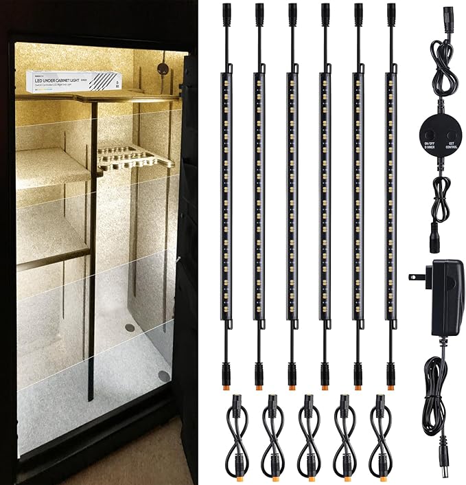 TORCHSTAR LED Safe Lighting Kit 5CCT, Dimmable (6) 12 Inch Linkable Light Bars, 3000K/3500K/4000K/4500K/5000K Selectable, 900LM Safe Light Kit for Under Cabinet Gun Safe Closet, UL Power Adapter