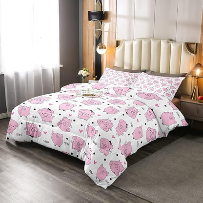 Erosebridal Pink Pig Comforter Set for Girls Kawaii Room Decor Full,Cute Pigs Bedding Set for Kids Boys Children Farm Animal Quilted Duvet Sets Cartoom Style Soft Lightweight Down Comforter 3 Pcs