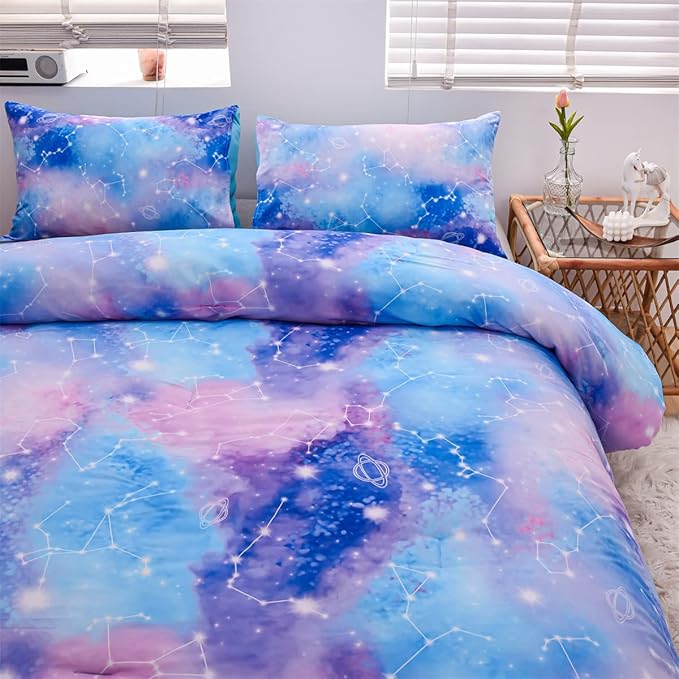 Holawakaka Tie Dye Constellation Print Ombre Comforter Set Queen Size Boys Girls Gradient Galaxy Bedding Set (Blue Purple, Queen)
