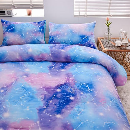 Holawakaka Tie Dye Constellation Print Ombre Comforter Set Queen Size Boys Girls Gradient Galaxy Bedding Set (Blue Purple, Queen)