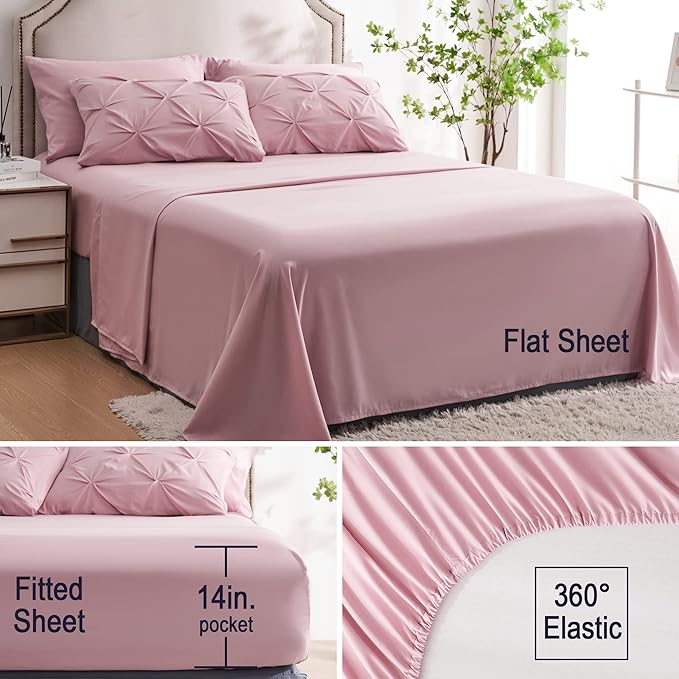 Ubauba 7pc Full Size Comforter Sets with Sheets for Girls, Pinched Pleat 7 Piece Bed in a Bag Blush Bed Set with Comforter, Pintuck All Season Bedding Sets (Pink,Full)