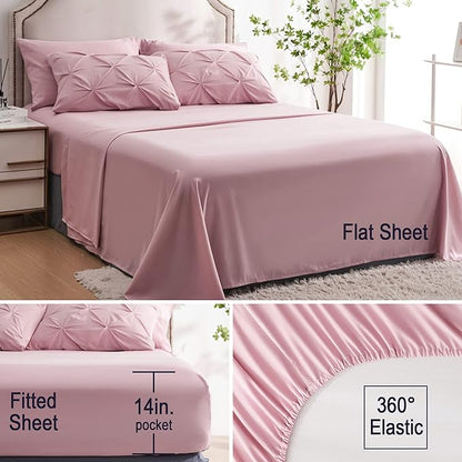 Ubauba 7pc Full Size Comforter Sets with Sheets for Girls, Pinched Pleat 7 Piece Bed in a Bag Blush Bed Set with Comforter, Pintuck All Season Bedding Sets (Pink,Full)