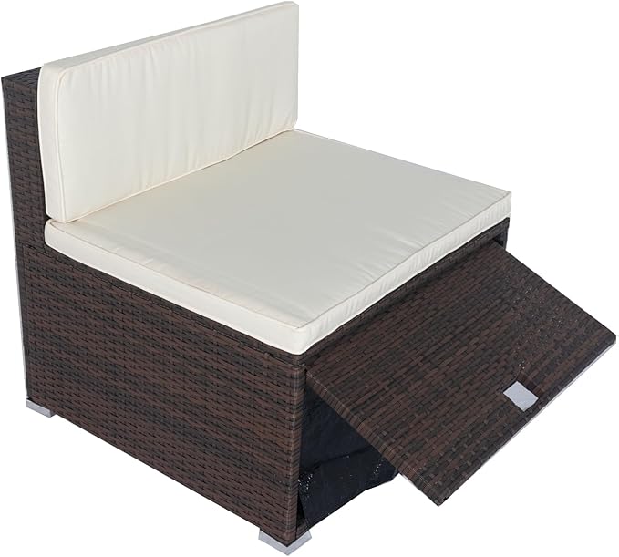 11 Pieces Outdoor Furniture Sofa, 10 Seater Patio Sectional Set with 3 Storage Box Under Seat Brown Wicker + White Cushion for Garden, Balcony, Poolside, Backyard, Zk-Beige