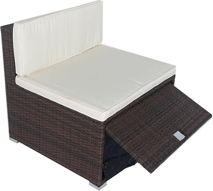 11 Pieces Outdoor Furniture Sofa, 10 Seater Patio Sectional Set with 3 Storage Box Under Seat Brown Wicker + White Cushion for Garden, Balcony, Poolside, Backyard, Zk-Beige